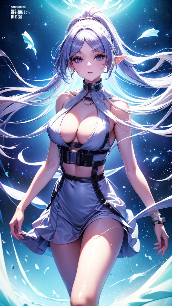 1 person, 20-year-old girl, One person, (Silver Hair), Long pointed ears、Elf、(Gradient sky blue hair tip:1.6), hair, Ridiculously long hair, Single Side Lock, Wavy Hair, Shine髪, Floating Hair, (Fantastic deep purple eyes), Delicate eyes, Aqua Eye, Very fine eye, Long upper eyelashes, ((Glowing Eyes)), compensate, Focus on the face, Highly detailed facial, Pretty face, Perfect breasts, Hot body, (Delicate skin texture:1.2), break, White extra long skirt, Fashion Clothing, necklace, Technical clothing masterpiece, on the road, Gazing at the starry sky, meteor, cyber punk, Detailed Background, The perfect layered cut, clean focus, (magazine:1.3), (Cover Style:1.3), Octane Rendering, Tyndall effect, Real, Dark studio, Side light, 2-color illumination, realism, Chiaroscuro, (Shine光), Shine, Ray Tracing, Cinema Lighting, Futurism, Motion Blur, Atmospheric perspective, Depth of written boundary, Bokeh, Highest quality, 超High resolution, Super Detail, masterpiece, High resolution, Accurate, retina, Anatomically correct