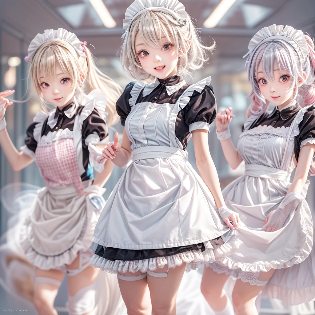 (Full Body of Extremely Detailed((Kawaii Maid Group in a row:1.37))), Childish perfect face, Reflective Eyes, Detailed(Delicate Clothing textures), Correct Leg Line, Dynamic Joyful Expressions LifeLike Rendering, Specular Reflection, TopQuality 8K Ultra-detailed masterpiece (ProfessionalPhoto:1.37), (Acutance:0.8), (Luminism:1.28), (Renaissance art style), Colorful Light particles, ((Full body from side)), {MicroMini(SkirtLift)|Kissing|Breast Lifting|Undressing|Thigh Gap}, Radiant Fine Skin with Transparency, (Exposed:0.5), (Different types of Anime hair color){Pink Hair|Light Blue Hair|Pure White Hair}, Perfect Lighting