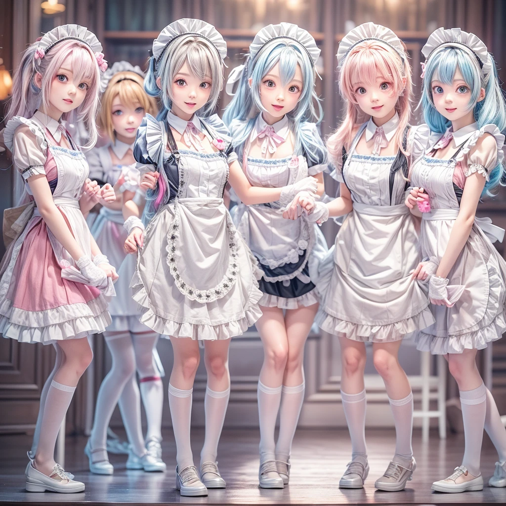 (Full Body of Extremely Detailed((Kawaii Maid Group in a row:1.37))), Childish perfect face, Reflective Eyes, Detailed(Delicate Clothing textures), Correct Leg Line, Dynamic Joyful Expressions LifeLike Rendering, Specular Reflection, TopQuality 8K Ultra-detailed masterpiece (ProfessionalPhoto:1.37), (Acutance:0.8), (Luminism:1.28), (Renaissance art style), Colorful Light particles, ((Full body from side)), {MicroMini(SkirtLift)|Kissing|Breast Lifting|Undressing|Thigh Gap}, Radiant Fine Skin with Transparency, (Exposed:0.5), (Different types of Anime hair color){Pink Hair|Light Blue Hair|Pure White Hair}, Perfect Lighting