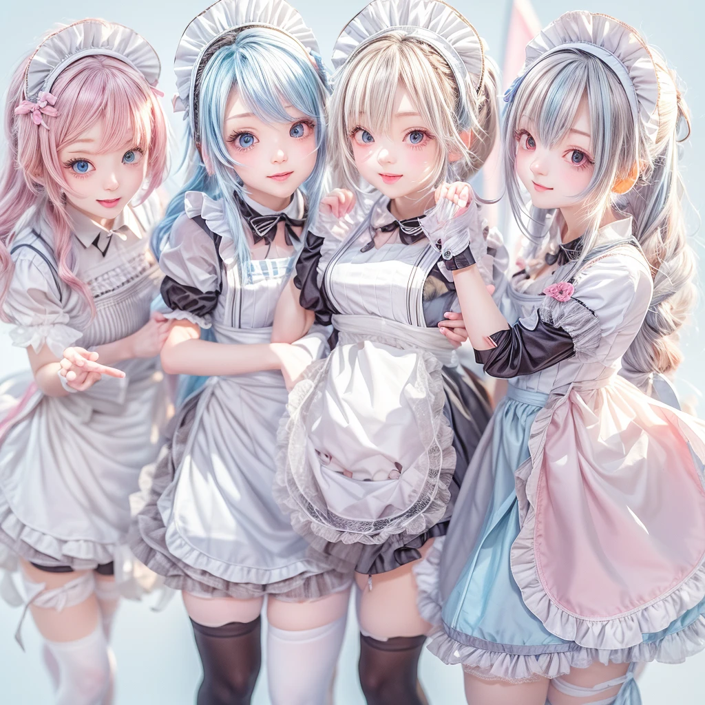 (Full Body of Extremely Detailed((Kawaii Maid Group in a row:1.37))), Childish perfect face, Reflective Eyes, Detailed(Delicate Clothing textures), Correct Leg Line, Dynamic Joyful Expressions LifeLike Rendering, Specular Reflection, TopQuality 8K Ultra-detailed masterpiece (ProfessionalPhoto:1.37), (Acutance:0.8), (Luminism:1.28), (Renaissance art style), Colorful Light particles, ((Full body from side)), {MicroMini(SkirtLift)|Kissing|Breast Lifting|Undressing|Thigh Gap}, Radiant Fine Skin with Transparency, (Exposed:0.5), (Different types of Anime hair color){Pink Hair|Light Blue Hair|Pure White Hair}, Perfect Lighting