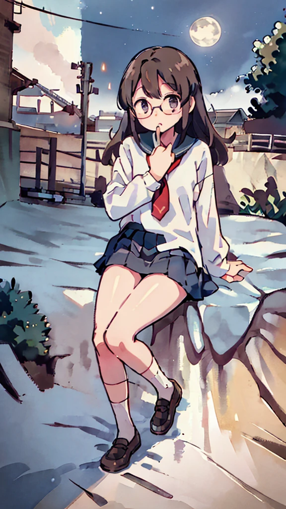 highest quality, Ultra-high resolution, (Realistic: )2D official style cel animation,((2Girls sitting in a row))Primary school students、Brown、ponytail、White Big Ribbon、Glasses、Blue Check Mini Skirt,Summer Shirts,Unbutton、(Lace panties),loose socks,sneakers,Full body portrait,(From below),Station stairs,sunny,Spread your legs、from the front、blush、shut up、