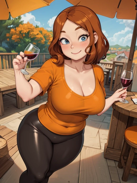 masterpiece, best quality, 1girl, portrait, 44 year old woman, shoulder-length brown hair with some curly, blue eyes, medium breasts, round face, fat face, fat, round belly, plump body, thick thighs, cleavage, ((Wearing: Orange V-neck shirt, Black shiny leggings and heels)), smile, standing, looking at viewer with a gleeful expression, holding a wine glass filled with yellow liquid, the woman's appearance must reflect on her charming personality. (Background: Outdoors, wooden deck, sunny day, view of the American countryside)
