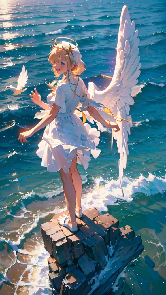 Angel, Standing on one foot on the sea, White dress, Spread your wings, A golden halo on his head, Daytime, smile, Surrealism, cinematic lighting, UHD, best quality, highres, 8k