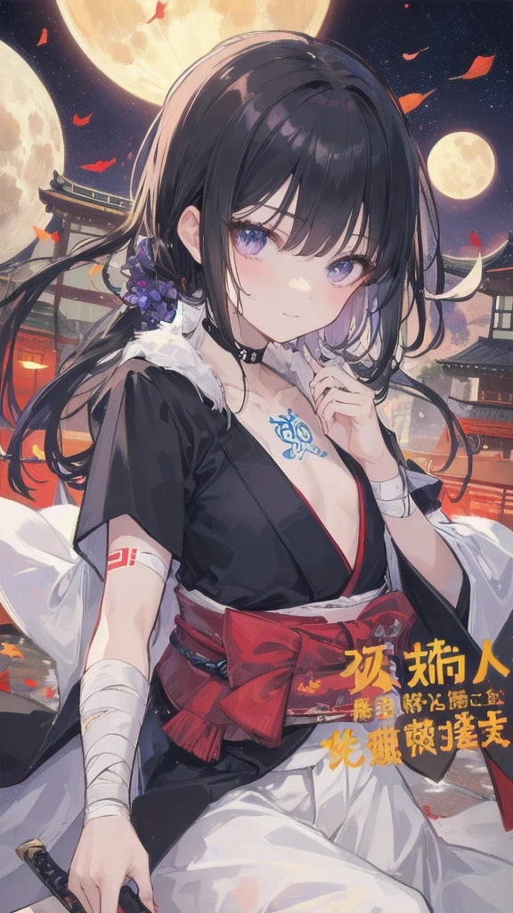(((((roll up bandage sideways on a chest tightly to cover the chest without gaps))))), (((bandage samweways))),, ((Japanese Gangster BOSS)), adult woman with the dignified presence, Killing Qi, wear nothing around shoulder, wear nothing around neck, wear the kimono, wear it below the waist, (I wind it up to control it, and to attach it), ((kimono come off)) ,wear the kimono multiple times, Bare shoulders and the clavicle, black and gold kimono, put on over jacket of kimono, (holding a japanese sword which shine in purple, The handle of the sword is black, and the blade is gray, long sword), eye fire, low angle, whole body, anime character, Glaring, off sholder, nappropriate smile, Excellent, black blue hair, can see both shoulder, ((long kimono hem)), small face, ((big tattoo on the arm)), ((background Japanese gate with circlr mark)),muscular,drink sake,fullmoon in the sky, The kimono is spreading,(((ultra-detailed))),super beautiful,Masterpiece,Killing Qi,Intimidation,zoom up, a person,Selfish person,in japanese veranda,Autumn leaf pattern,Ginkgo biloba pattern