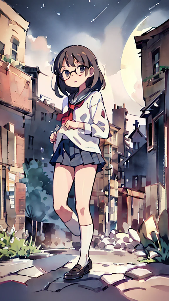 Dazzling Light、Many towers in the distance、Big Moon、metropolis、Tall buildings、Looking up at the stars、water、Midnight、Moon、Blue light、sky、sea、Nsfw、masterpiece, high quality, 4K, HDR,, Stable Diffusion prompt:  schoolgirl with short、brown hair and red-framed glasses, wearing a white blouse and navy skirt, white panties visible, navy socks and brown loafers, in a state of arousal and trembling with sexual climax,simple illustration style, In a nichijou (everyday life) Setting Image generation AI model used: Stable Diffusion (eleet- model)

id: i2