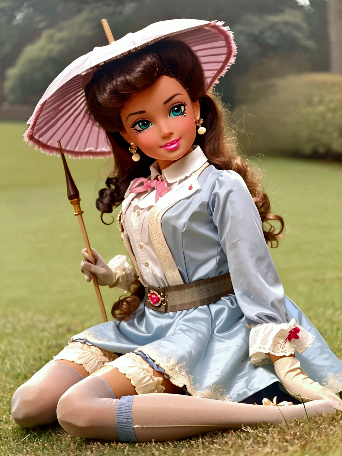 (masterpiece), (realistic), (((NSFW))). (ultra hd 8k), (realistic body proportions) Barbie as a pretty girl wearing her Victorian school uniform. Year 1895. 1890_dress. High-collar long sleeve white shirtwaist cuffed into a sash, cameo brooch, light blue shirt cloak over her shoulders, elegant straw boater hat, pink gloves, knee-high light blue skirt, petticoats, silk stockings with garters, ankle boots. Long curly brunette hair. Short skirt. Light brown skin. Delicately holding a parasol. (((Laying on grass, legs open. Full body)))