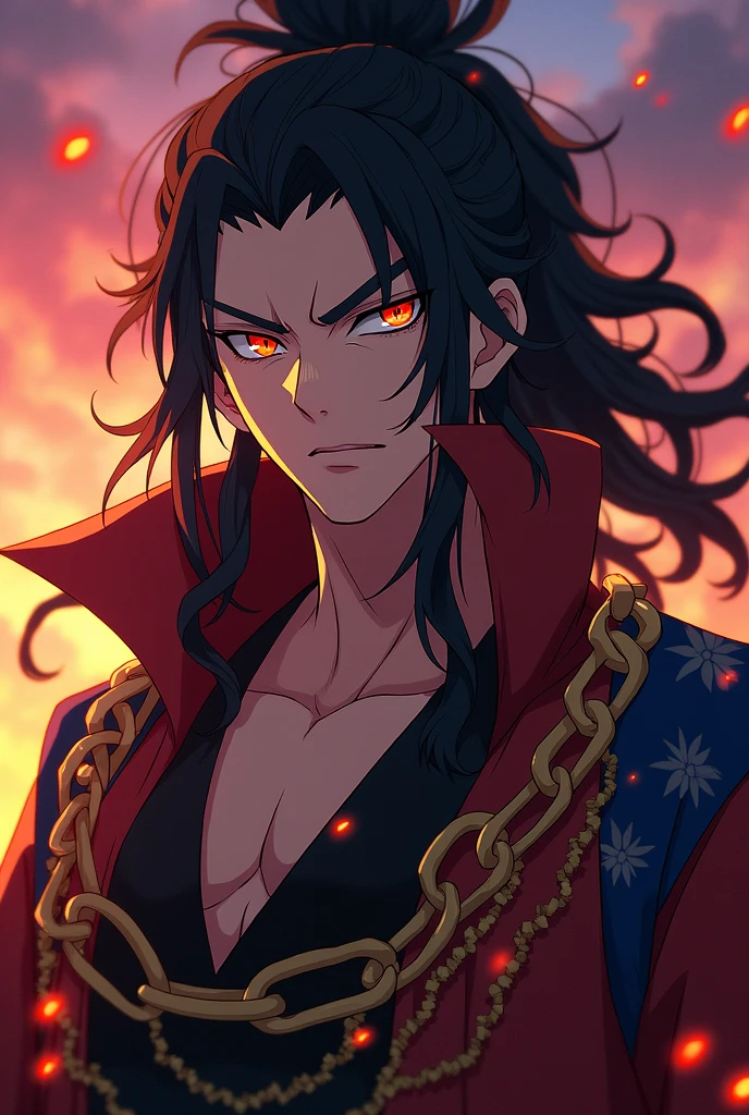 Prompts Copiar prompts absurdos, high resolution, ultra detaild, HDR, work of art, best qualityer, extremly detailed face and eyes, Rengoku Kyojuro, Bblack hair, braids , expressive orange eyes, African traits,  Kimetsu no Yaiba, standing alone, sexy man, bonitas, fancy, chains, fire flies