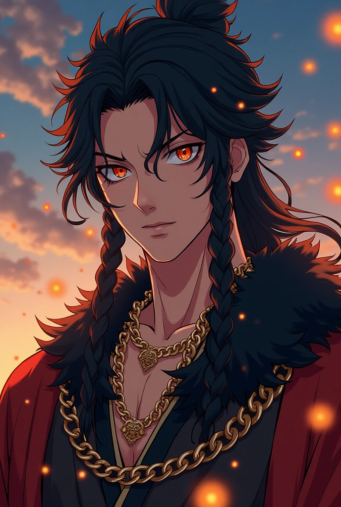 Prompts Copiar prompts absurdos, high resolution, ultra detaild, HDR, work of art, best qualityer, extremly detailed face and eyes, Rengoku Kyojuro, Bblack hair, braids , expressive orange eyes, African traits, Kimetsu no Yaiba, standing alone, sexy man, bonitas, fancy, chains, fire flies