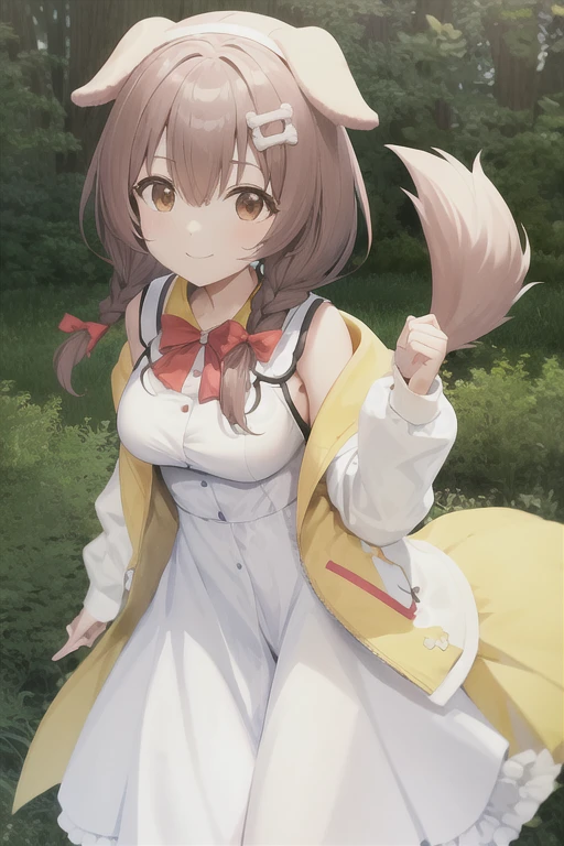 Korone, smile, dog girl, dog ears, dog tail, twin braids, sidelocks, hair ornament, ((white dress)), yellow jacket, bow, dress, jacket, open clothes, open jacket, red bow, short dress, sleeveless dress, large breasts, thick thighs, mature female, bandana, scarf,
