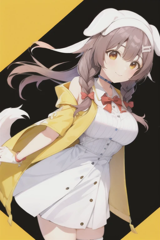 Korone, smile, dog girl, dog ears, dog tail, twin braids, sidelocks, hair ornament, ((white dress)), yellow jacket, bow, dress, jacket, open clothes, open jacket, red bow, short dress, sleeveless dress, large breasts, thick thighs, mature female, bandana, scarf,