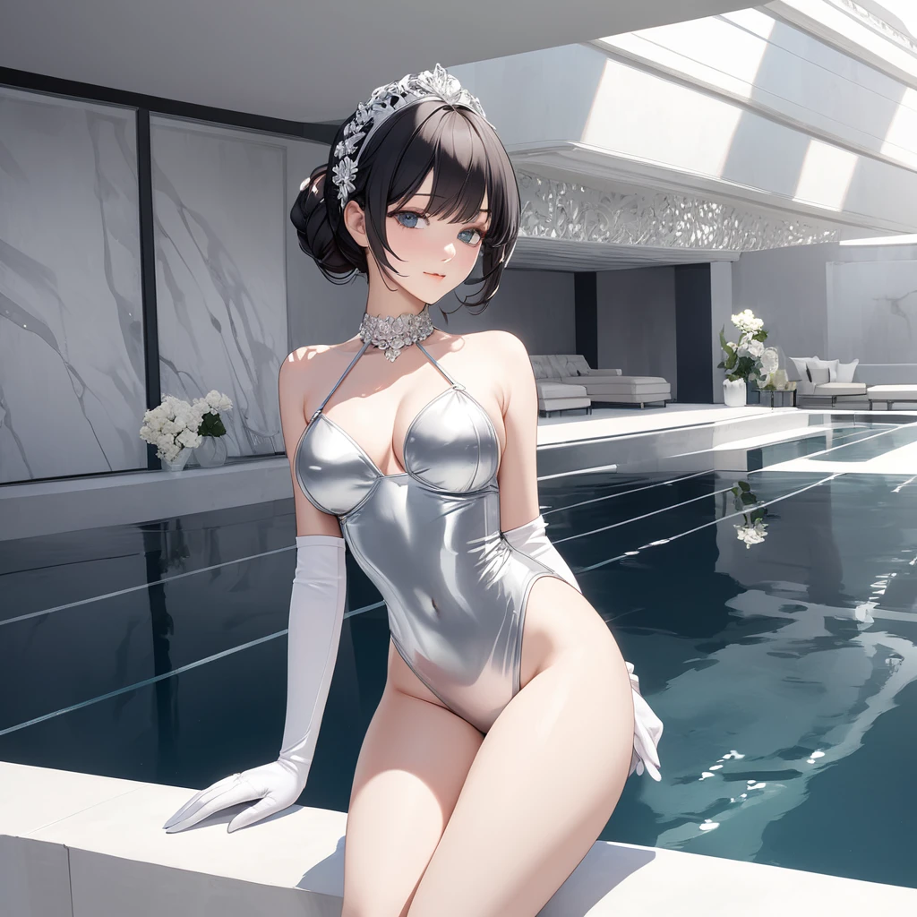 Nier Automata 2b、A beautiful tycoon pool with a very sexy silver swimsuit 