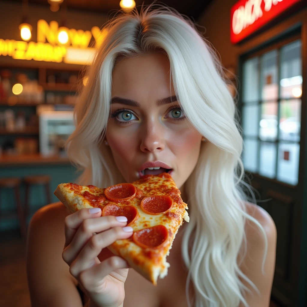 A pretty blue-eyed Instagram model with very long straight snow-white hair with a realistic natural pale porcelain complexion on an oval face. She is excitedly eating a slice of Pizza at a famous New York pizza place.
