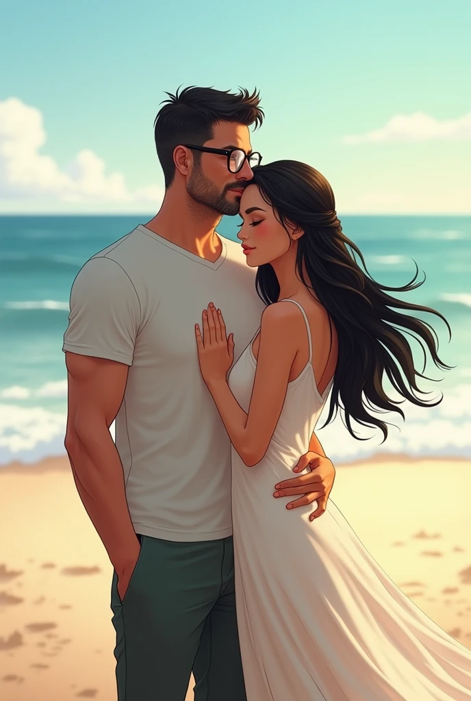 couple on the beach. Black haired man,slightly gray beard, with glasses, age 42 years, with a muscular body. 30 year old woman, full body. very long hair below the waist, very smooth and very black. She's on his back