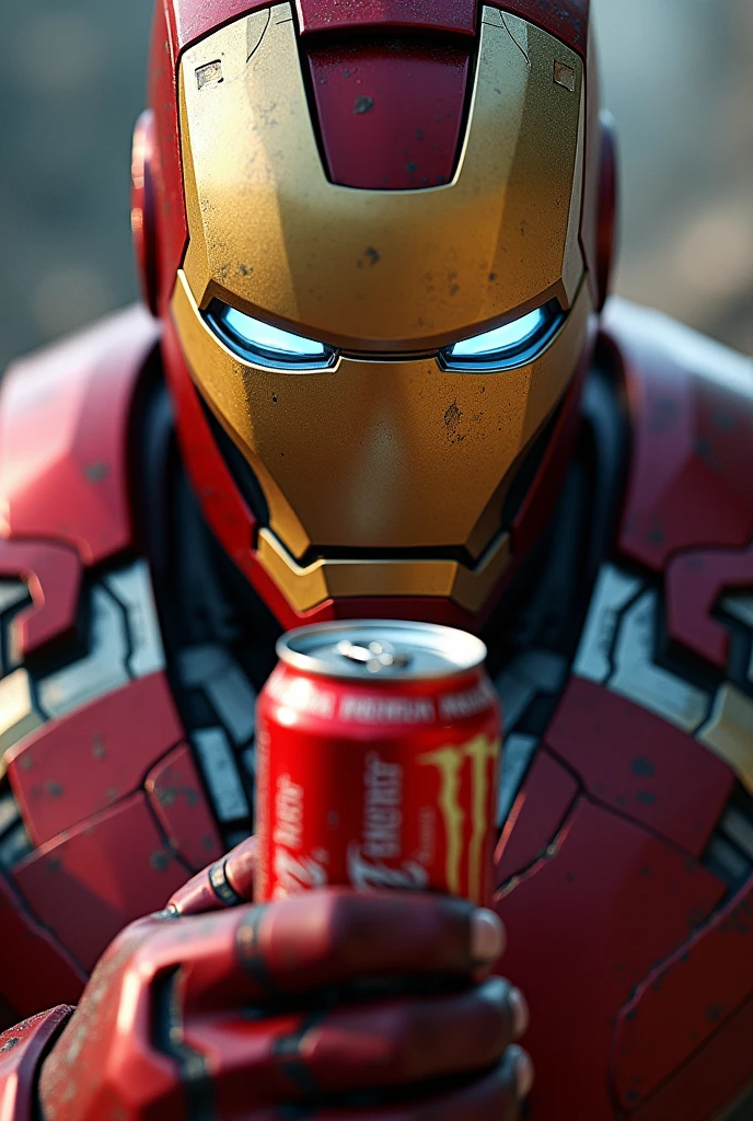 
Iron man holding an energy drink close up 


