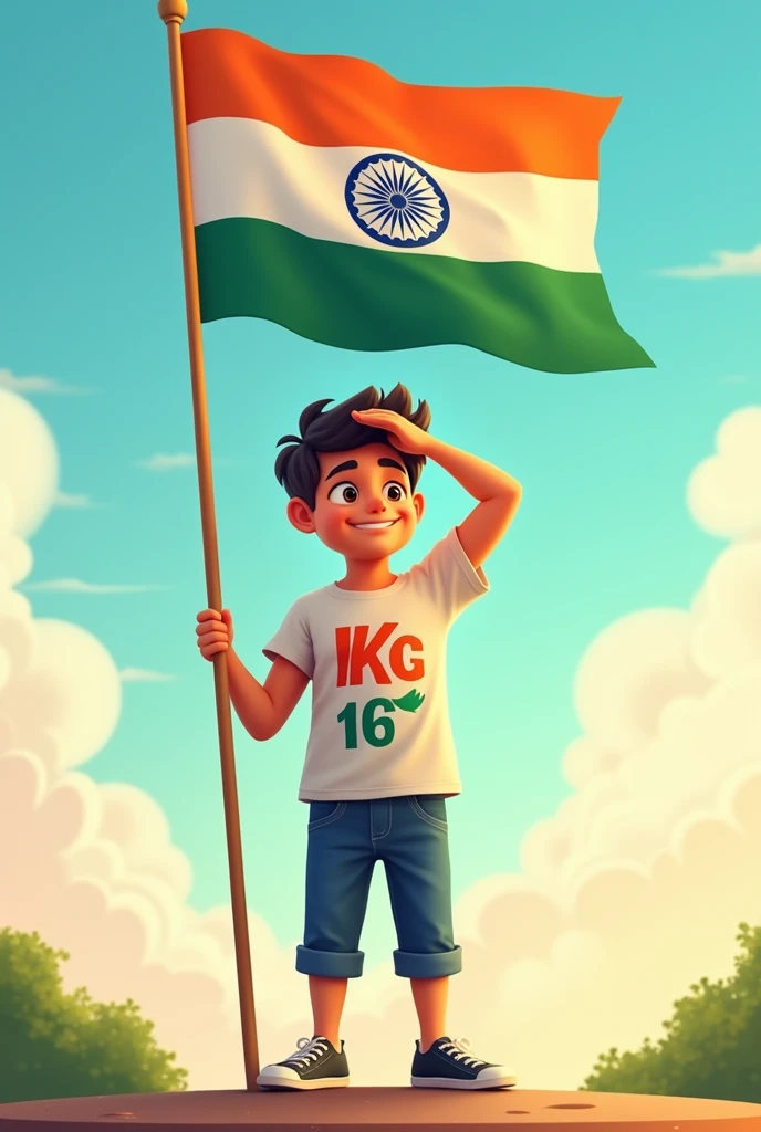 A boy aged 24 year is saluting india flag which is with his left hand in cartoon and he is wearing KrG name tricolour t shirt and t shirt is 17 number 