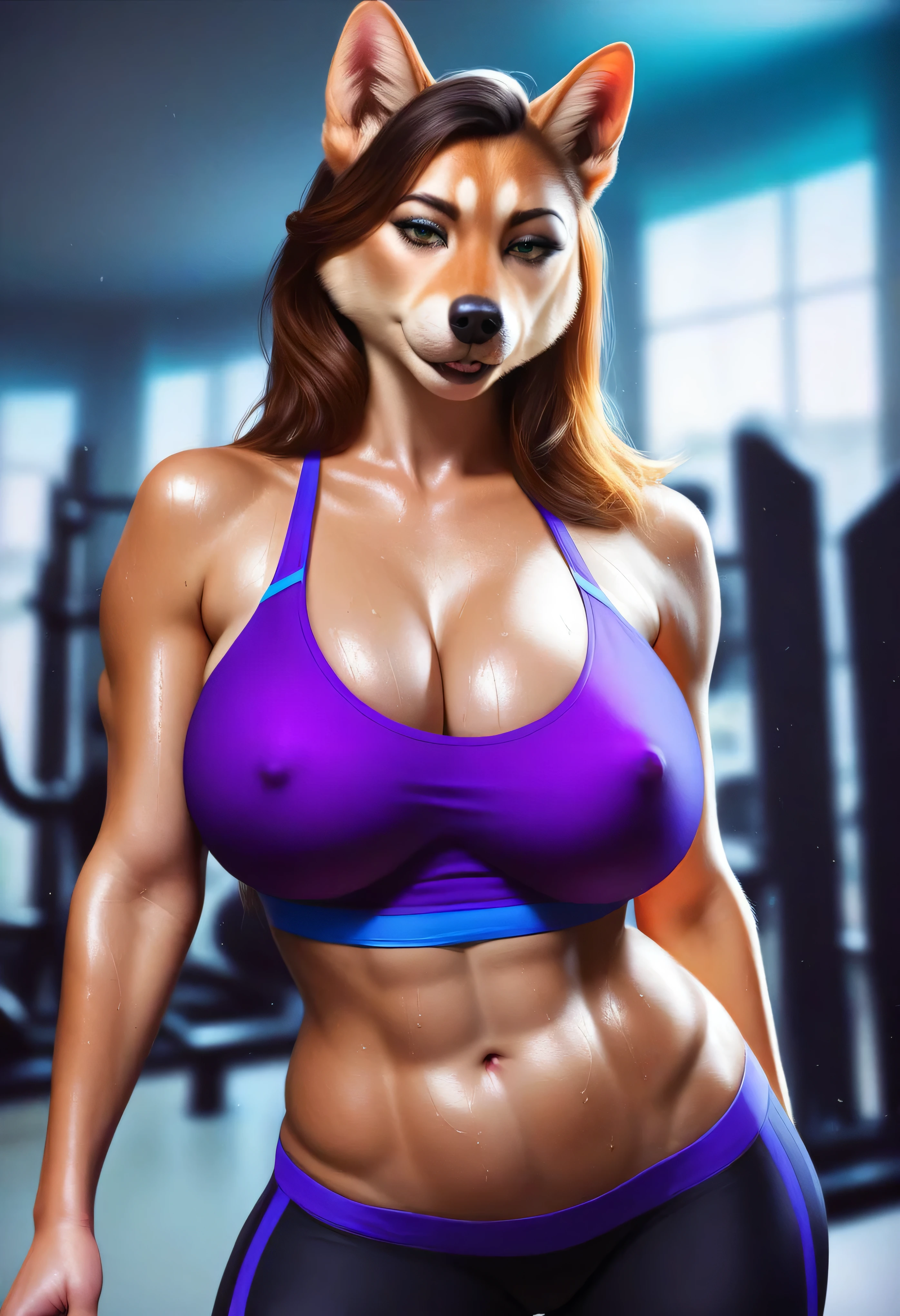 score_9, score_8_up, score_7_up, score_6_up, score_5_up, score_4_up, source_furry, realistic, photorealistic, e621, mature female anthro husky dog, MILF, posing in a gym, looking at viewer, seductive, beautiful detailed eyes, (wearing a sports bra and yoga pants), nipple outline, detailed fur, voluptuous, hourglass figure, large breasts, sweating, thick thighs, cinematic lighting, professional lighting