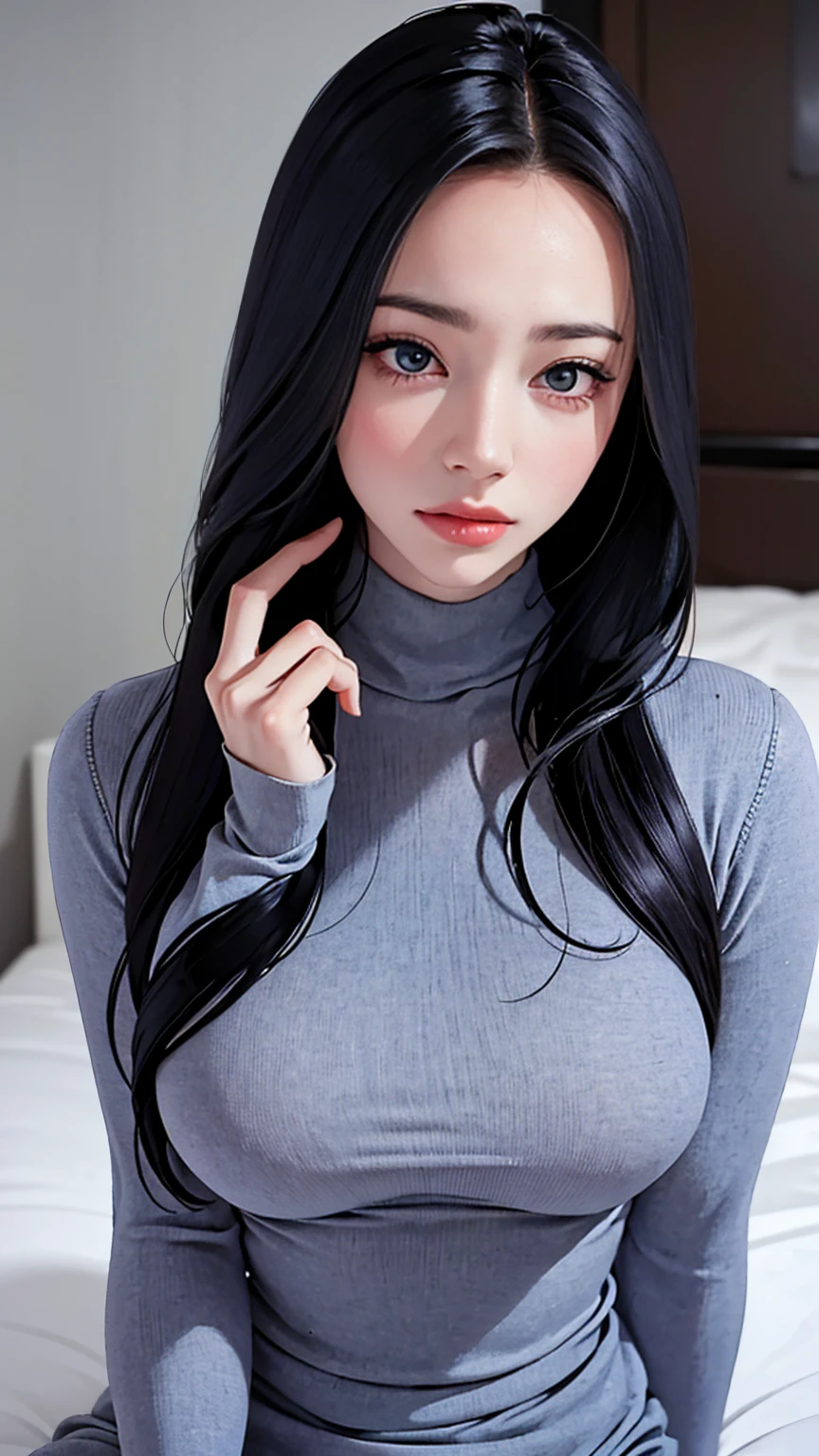 (masterpiece、high quality、High resolution、4K images), Transparent eyes、Detailed eyes、Detailed face、Someone knowledgeable、turtleneck sweater dress、Virgin-killing clothes、Virgin Killer Sweater、On the bed、Blue Archive Ichinose Asuna, highlight、grayscale