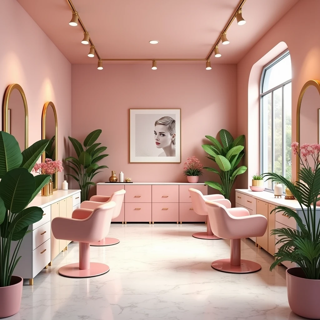 A simple beauty salon, but chic, inner part with pink tones and some plants, showing chairs and mirrors. something realistic