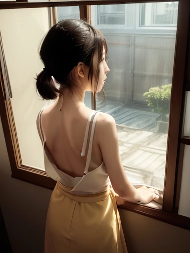 Japanese female, (underweight), (flat chest best quality:1.5), 30 years old,
Woman standing by the window, (Through a window indoors:1.5),(Backlit:1.4),