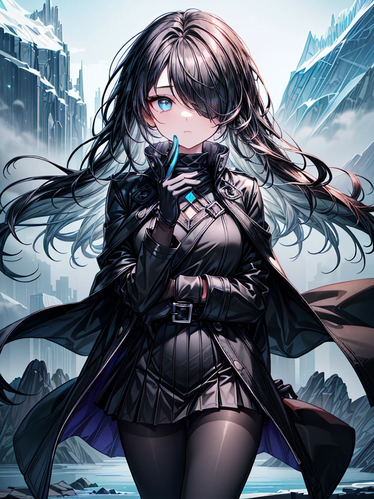 ((spell casting)),((Celestial Glacier)),((masterpiece)),((light particles)),((black micro mini length skirt),((alone)),(Serene),((Deep blue pupils)),((sparkling eyes)),(Beautiful Blue Eyes),((Wearing a black coat)),(((Wearing black tights))),(Slim body),((length, Shiny black hair)),((Her left eye is completely hidden by her bangs)),((Her hair is parted, and you can see her eyes through it)),((Wearing black gloves)),((hair over one eye,long hair)),((Hair blowing in the wind)