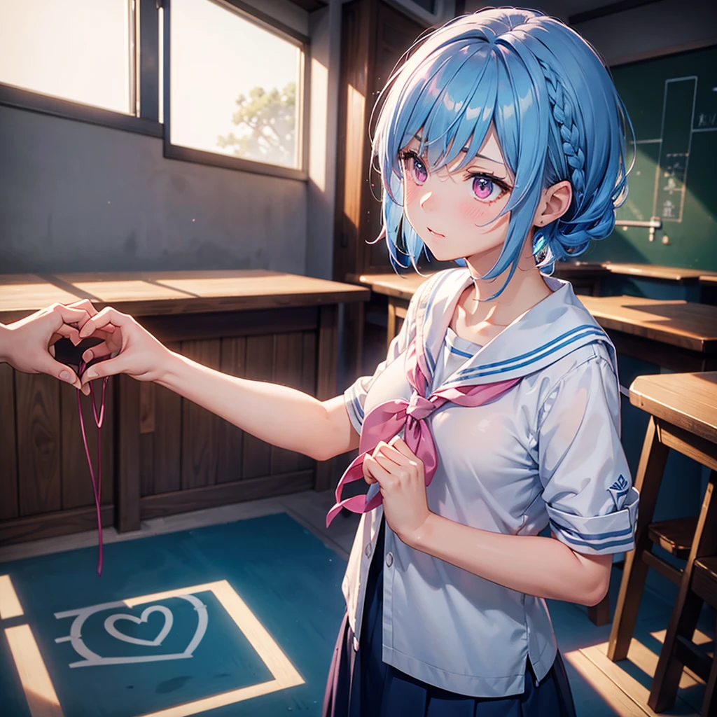 Sky blue hair,Braided short hair,Pink Eyes,Fair skin,whole body,one person,Embarrassed,The background is a school classroom,Heart lettering on a blackboard,Heart-shaped chocolate,Hand it forward with both hands,Sailor suit),valentineday,masterpiece, Highest quality, Very detailed, Best Shadow,Detailed Background,Beautifully detailed face,High Contrast,Best lighting,Very delicate and beautiful,Cinematic Light,Hyper Detail,8k,Dramatic Light, Intricate details,