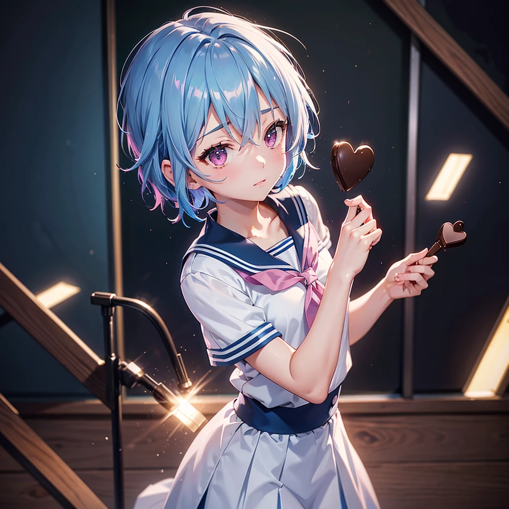 Sky blue hair,Braided short hair,Pink Eyes,Fair skin,whole body,one person,Embarrassed,The background is a school classroom,Heart lettering on a blackboard,Heart-shaped chocolate,Hand it forward with both hands,Sailor suit),valentineday,masterpiece, Highest quality, Very detailed, Best Shadow,Detailed Background,Beautifully detailed face,High Contrast,Best lighting,Very delicate and beautiful,Cinematic Light,Hyper Detail,8k,Dramatic Light, Intricate details,