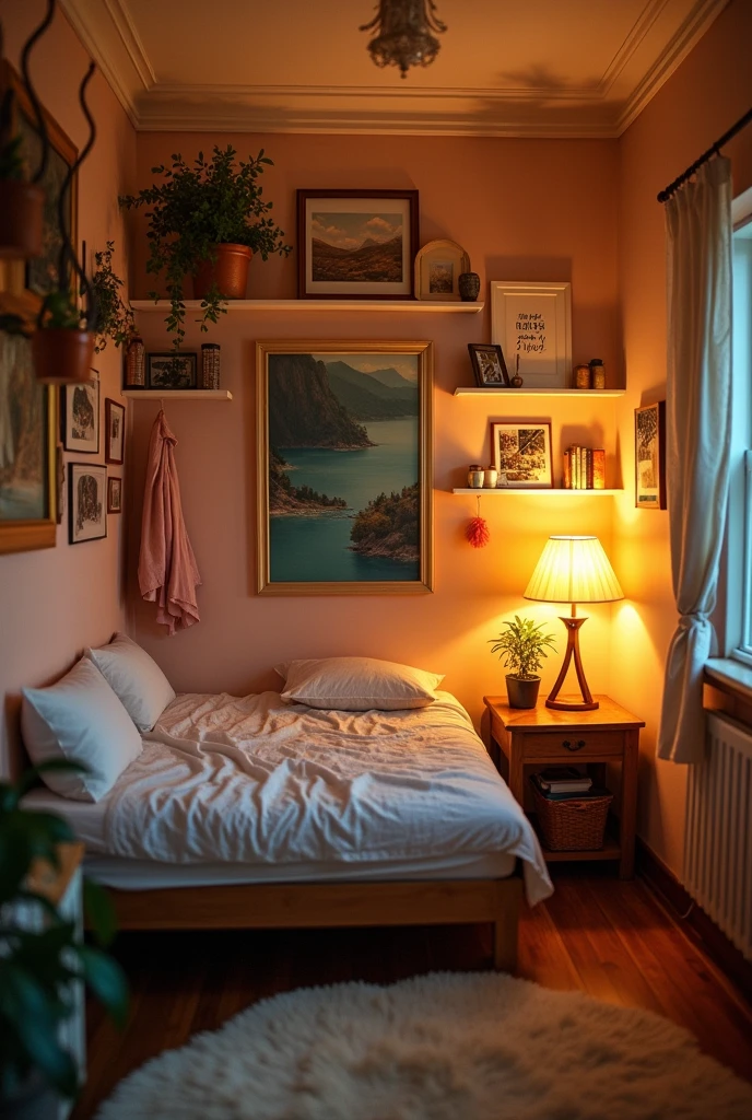 Small room with a bed and when each one on one side of the wall in the middle a hanging shelf a large mirror and for decoration a painting lights and poralodes