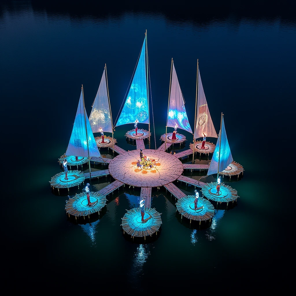 Aerial drone photo of a night aerial fabric circus show on Lake Atitlan . The stage is a platform composed of several floating bamboo rectangles with sails on a bamboo structure on which videos are projected.. The audience watches the show from Panarachel motor boats