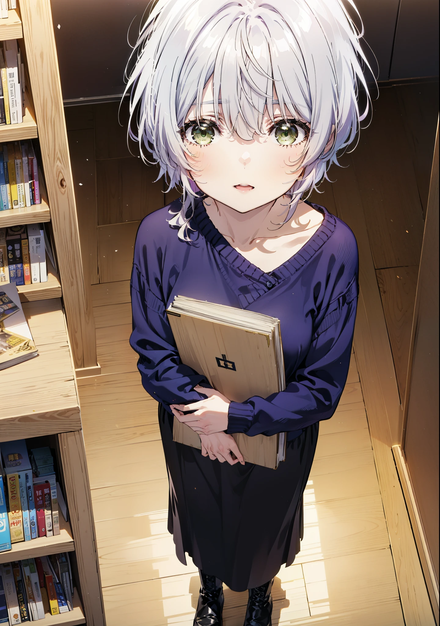 fuukakikuchi, fuuka kikuchi, short hair, bangs, Hair between the eyes, (Green Eyes:1.3),smile,Open your mouth,Grey Hair,One-shoulder sweater,Long skirt,Black pantyhose,short boots,Holding a book in both arms,Bookshelf,There are many books piled up on the table,whole bodyがイラストに入るように,
break indoors, figure書館,
break looking at viewer,whole body,
break (masterpiece:1.2), Highest quality, High resolution, unity 8k wallpaper, (figure:0.8), (Beautiful attention to detail:1.6), Highly detailed face, Perfect lighting, Highly detailed CG, (Perfect hands, Perfect Anatomy),