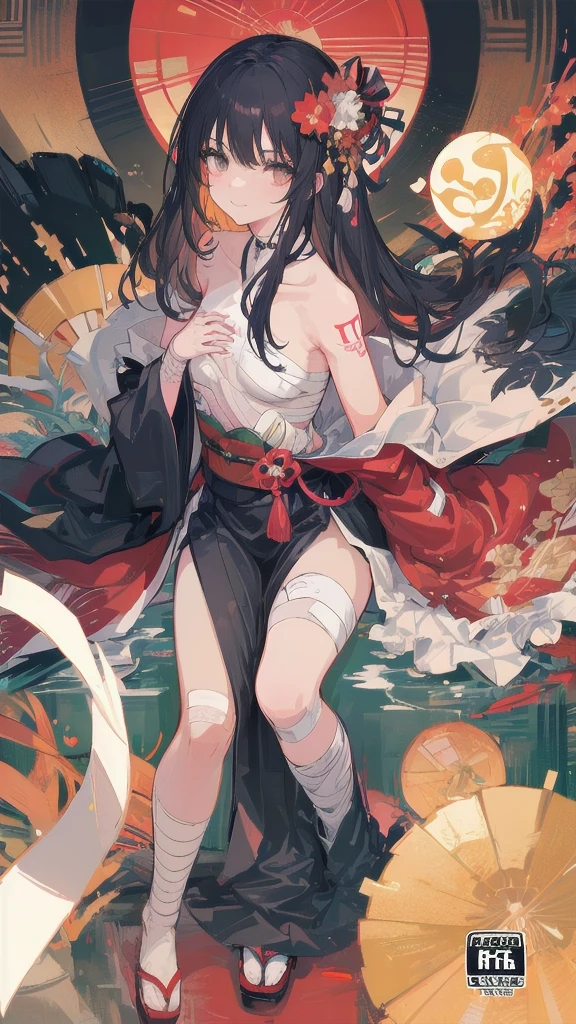 (((((roll up bandage sideways on a  chest tightly to cover the chest without gaps))))),  (((bandage samweways))),, ((Japanese Gangster BOSS)), adult woman with the dignified presence, Killing Qi, wear nothing around shoulder, wear nothing around neck, wear the kimono, wear it below the waist, (I wind it up to control it, and to attach it),  ((kimono come off)) ,wear the kimono multiple times, Bare shoulders and the clavicle, black and gold kimono, put on over jacket of kimono, (holding a japanese sword), eye fire, low angle, whole body, anime character, Glaring, off sholder, nappropriate smile, Excellent, black blue hair, can see both shoulder, ((long kimono hem)), small face, ((big tattoo on the arm)), ((background Japanese gate with circlr mark)),muscular,drink sake,fullmoon in the sky, The kimono is spreading,(((ultra-detailed))),super beautiful,Masterpiece,Killing Qi,Intimidation,zoom up, a person,Selfish person,in japanese veranda,Autumn leaf pattern,Ginkgo biloba pattern