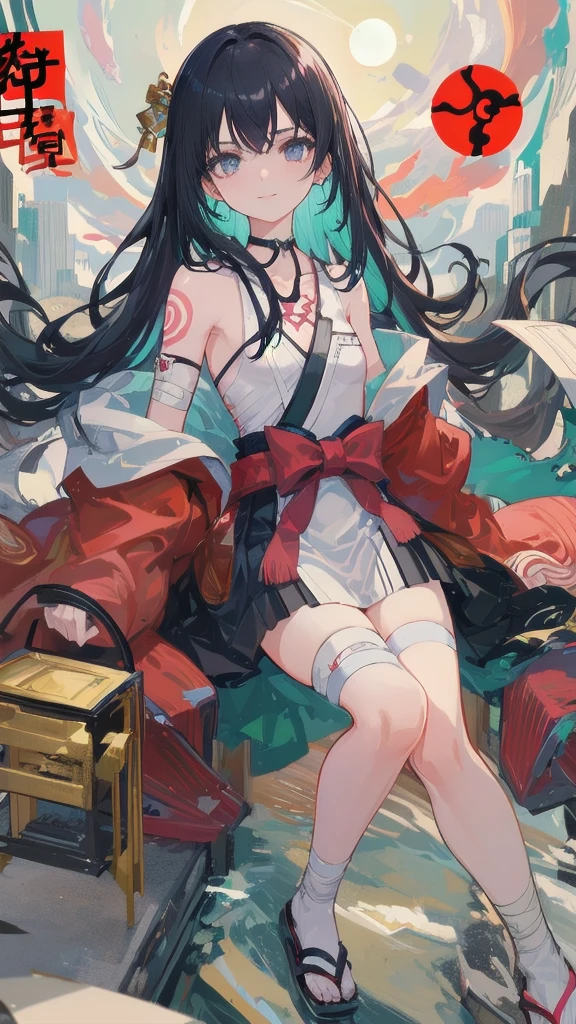 (((((roll up bandage sideways on a  chest tightly to cover the chest without gaps))))),  (((bandage samweways))),, ((Japanese Gangster BOSS)), adult woman with the dignified presence, Killing Qi, wear nothing around shoulder, wear nothing around neck, wear the kimono, wear it below the waist, (I wind it up to control it, and to attach it),  ((kimono come off)) ,wear the kimono multiple times, Bare shoulders and the clavicle, black and gold kimono, put on over jacket of kimono, (holding a japanese sword), eye fire, low angle, whole body, anime character, Glaring, off sholder, nappropriate smile, Excellent, black blue hair, can see both shoulder, ((long kimono hem)), small face, ((big tattoo on the arm)), ((background Japanese gate with circlr mark)),muscular,drink sake,fullmoon in the sky, The kimono is spreading,(((ultra-detailed))),super beautiful,Masterpiece,Killing Qi,Intimidation,zoom up, a person,Selfish person,in japanese veranda,Autumn leaf pattern,Ginkgo biloba pattern