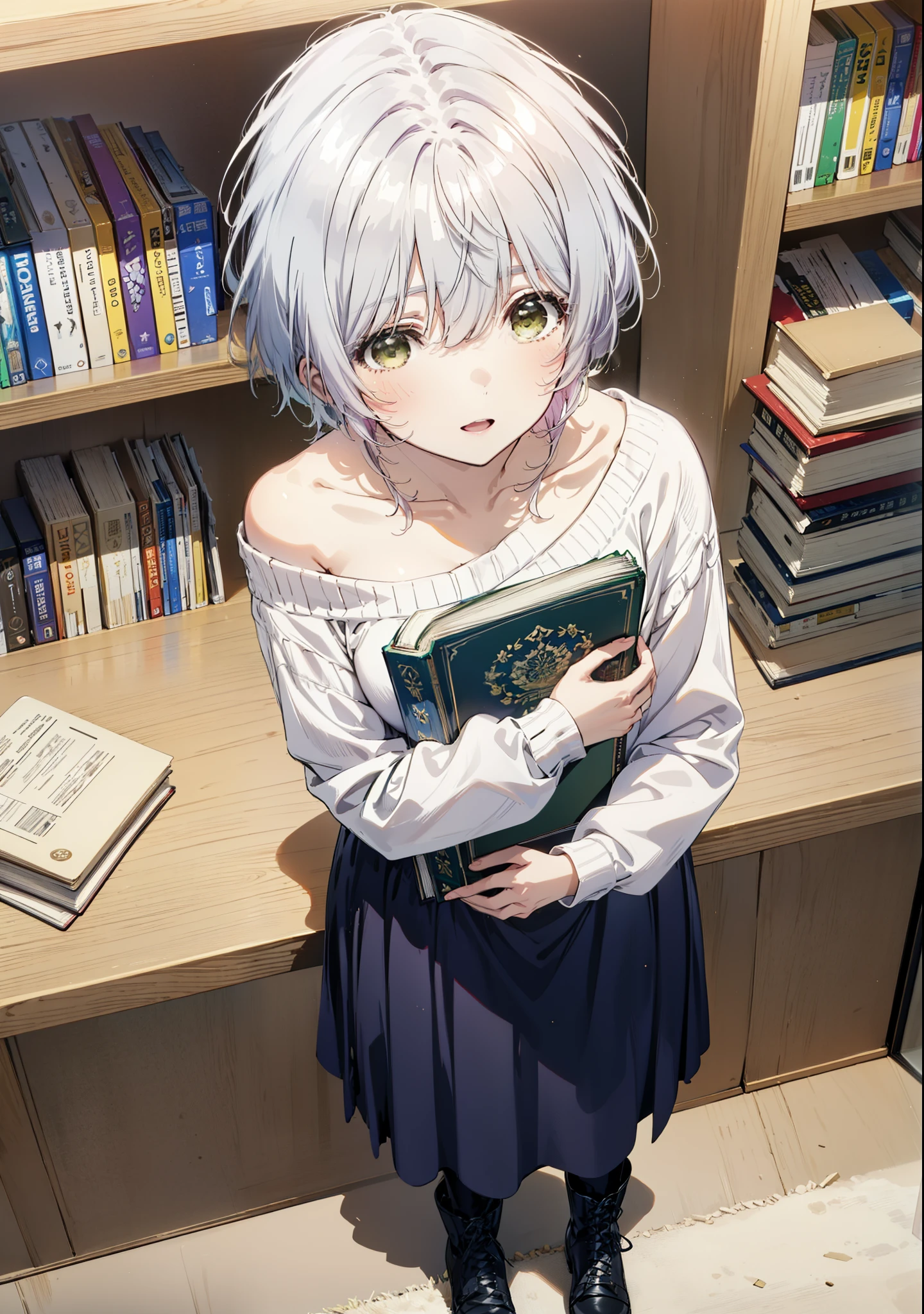 fuukakikuchi, fuuka kikuchi, short hair, bangs, Hair between the eyes, (Green Eyes:1.3),smile,Open your mouth,Grey Hair,One-shoulder sweater,Long skirt,Black pantyhose,short boots,Holding a book in both arms,Bookshelf,There are many books piled up on the table,whole bodyがイラストに入るように,
break indoors, figure書館,
break looking at viewer,whole body,
break (masterpiece:1.2), Highest quality, High resolution, unity 8k wallpaper, (figure:0.8), (Beautiful attention to detail:1.6), Highly detailed face, Perfect lighting, Highly detailed CG, (Perfect hands, Perfect Anatomy),