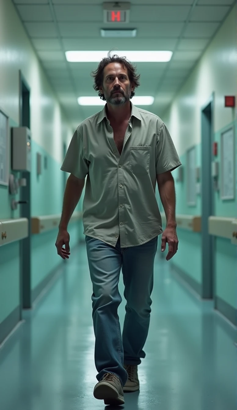 The father, a man in his late 30s or early 40s, is of average height with a slightly disheveled appearance. His dark brown hair is tousled, showing signs of him running his hands through it repeatedly out of anxiety. He has a five o'clock shadow, and his eyes are red-rimmed from stress and lack of sleep. Dressed in a casual, wrinkled shirt and jeans, his posture is tense, shoulders hunched as he paces the hospital corridor, Full-body shot, bloodshot eyes, depth of field, cinematic lighting, Realism, Hyperrealism, wide shot, Wide-Angle, Fujifilm, 85mm, Eye-Level Shot, best quality, masterpiece, anatomically correct, 16k, accurate, super detail