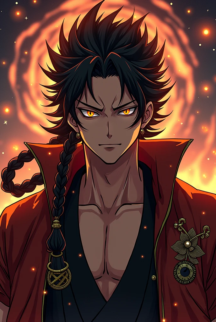Prompts Copiar prompts absurdos, high resolution, ultra detaild, HDR, work of art, best qualityer, extremly detailed face and eyes, Rengoku Kyojuro, Bblack hair, detailed braids , expressive orange eyes, African traits, Kimetsu no Yaiba, standing alone, sexy man, bonitas, fancy, chains, fire flies