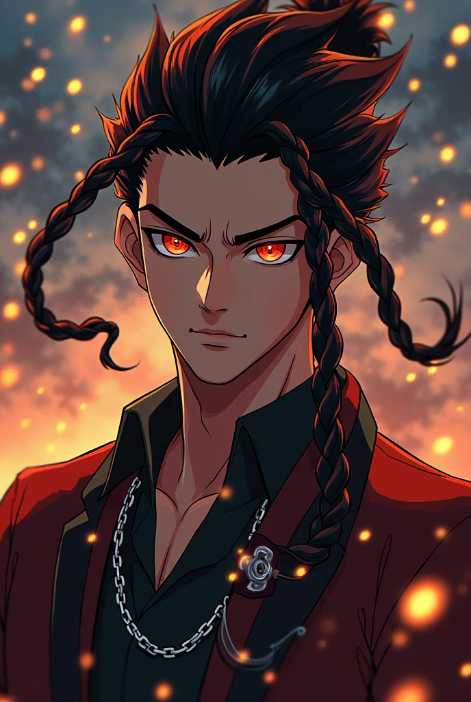 Prompts Copiar prompts absurdos, high resolution, ultra detaild, HDR, work of art, best qualityer, extremly detailed face and eyes, Rengoku Kyojuro, Bblack hair, detailed braids , expressive orange eyes, African traits, Kimetsu no Yaiba, standing alone, sexy man, bonitas, fancy, chains, fire flies