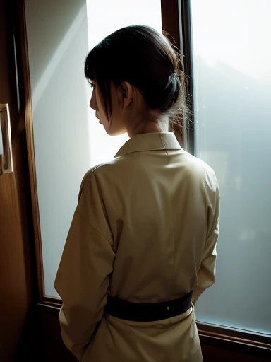 Japanese female, (underweight), 30 years old,
Woman standing by the window, (Through a window indoors:1.5),(Backlit:1.4),