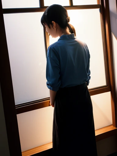 Japanese female, (underweight), 30 years old,
Woman standing by the window, (Through a window indoors:1.5),(Backlit:1.4),