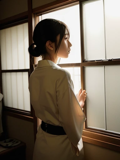 Japanese female, (underweight), 30 years old,
Woman standing by the window, (Through a window indoors:1.5),(Backlit:1.4),