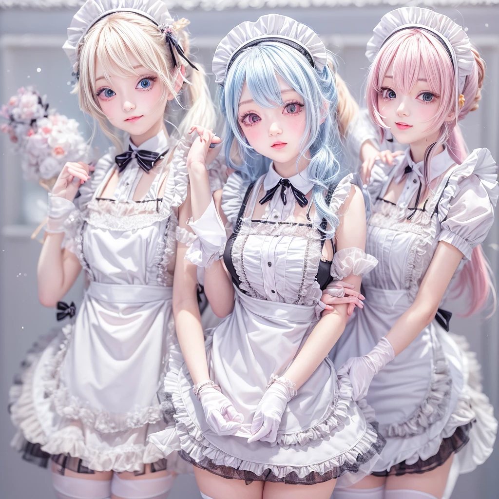 (Full Body of Extremely Detailed((Kawaii Maid Group in a row:1.37))), Childish perfect face, Reflective Eyes, Detailed(Delicate Clothing textures), Correct Leg Line, Dynamic Joyful Expressions LifeLike Rendering, Specular Reflection, TopQuality 8K Ultra-detailed masterpiece (ProfessionalPhoto:1.37), (Acutance:0.8), (Luminism:1.28), (Renaissance art style), Colorful Light particles, ((Full body from side)), {MicroMini(SkirtLift)|Kissing|Breast Lifting|Undressing|Thigh Gap}, Radiant Fine Skin with Transparency, (Exposed:0.5), (Different types of Anime hair color){Pink Hair|Light Blue Hair|Pure White Hair}, Perfect Lighting