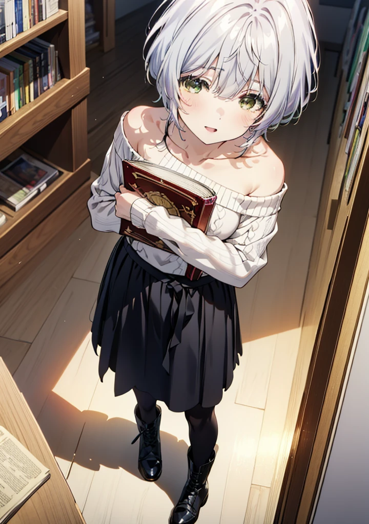 fuukakikuchi, fuuka kikuchi, short hair, bangs, Hair between the eyes, (Green Eyes:1.3),smile,Open your mouth,Grey Hair,One-shoulder sweater,Long skirt,Black pantyhose,short boots,Holding a book in both arms,Bookshelf,There are many books piled up on the table,whole bodyがイラストに入るように,
break indoors, figure書館,
break looking at viewer,whole body,
break (masterpiece:1.2), Highest quality, High resolution, unity 8k wallpaper, (figure:0.8), (Beautiful attention to detail:1.6), Highly detailed face, Perfect lighting, Highly detailed CG, (Perfect hands, Perfect Anatomy),