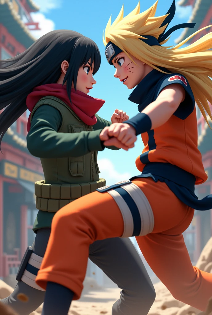 Female Naruto, with bandana x Sasuke feminino lutando, with bandana, female version, long hair, punching and kicking combat, Disney pixar style.