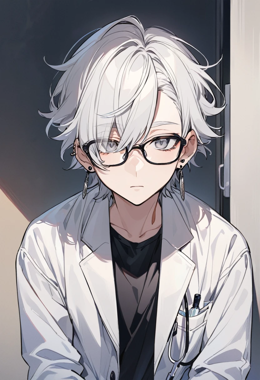 brother, alone, Glasses, Grey Eyes, White Hair, short hair, No highlights, Earrings, White, Doctor&#39;s uniform, Doctor&#39;s uniform, Gag face,