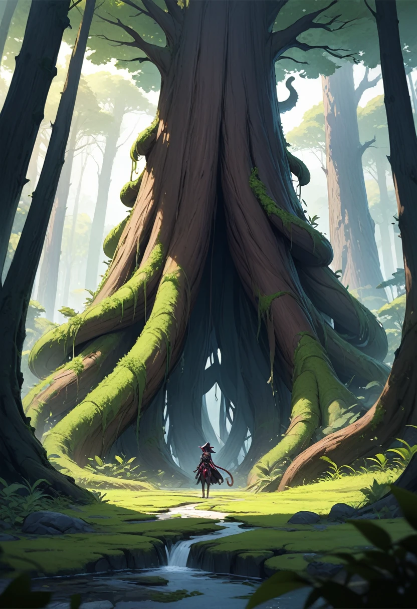 Highest quality, masterpiece, High resolution, landscape、Fantasy、(A forest ruled by a giant demonic tree)、Not popular、Foliage、moss、Swamp、fog、Negative、Wood Grain Tentacles、Root Tentacle、Fallen leaves、(The trunk looks like one giant face)、BREAK Mysterious Fruit、