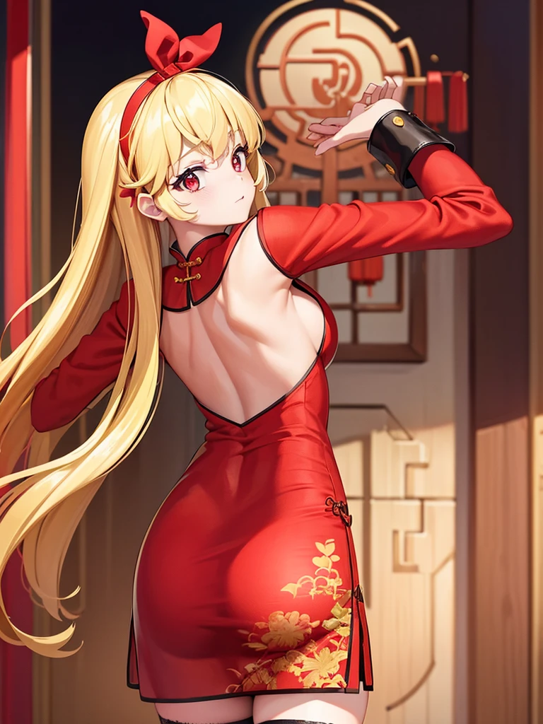 (red ribbon on hairband:1.2),masterpiece, best quality, highres, 1girl, solo, Blonde hair, RED eyes, High resolution, adult woman , good lighting, despicable, , (No nudity), (((China dress))), (()), ((())), (garter belt), abdomen only, (), , cute face,embarrassed and blush, humiliating, ((turn around and look back)), ((See-through))()(T-back)(a large amount of is on the body,)