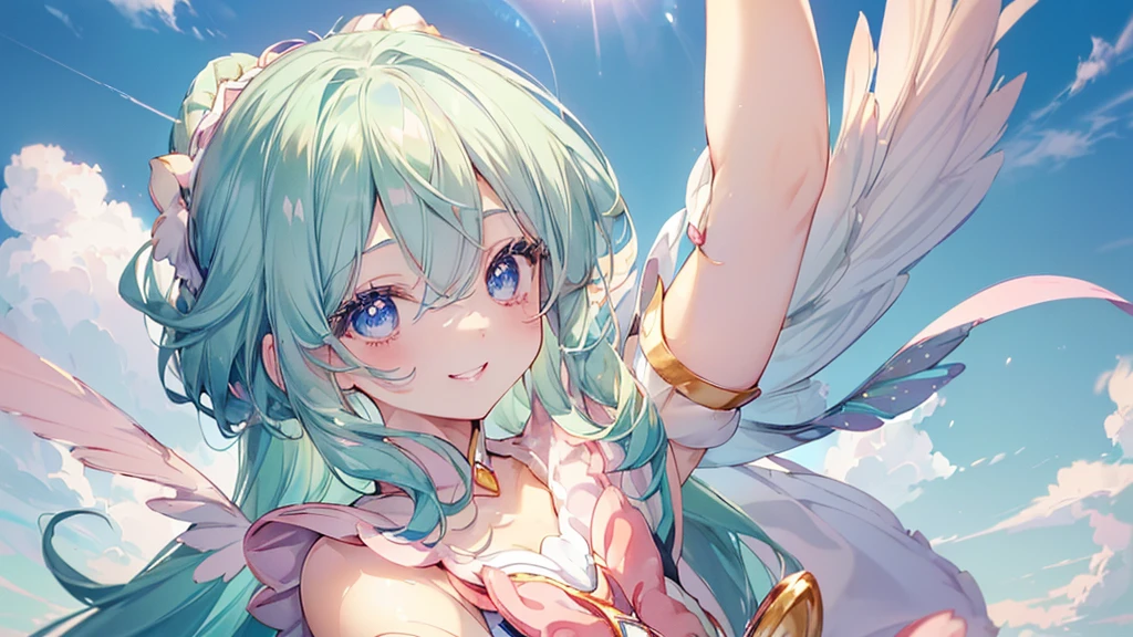 (Top view,), (((Highest quality、masterpiece、Ultra-fine、Ultra-fine、髪UP,Green Hair,Exquisite、16K,顔UP,Look up,The best smile,Full HD,)), ( ((summer,One person,かわいいMagical girl,)))Blue Eyes、Long eyelashes、White skin、(Pale pink lips、Pale pink cheeks、thin and long)、 ((((かわいいMagical girl,The best smile)), (One person)) 、(blue sky)) 、 ((Magical girl)、