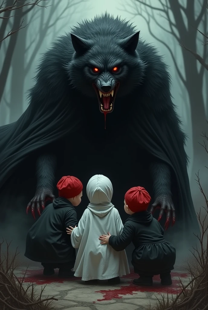 Make a cape featuring a werewolf with black fur and red eyes with blood on its claws, and 3 children the 3 children were wearing red caps and black clothes, there will be 2 white children and one black child, make the image darker and more macabre, add blood