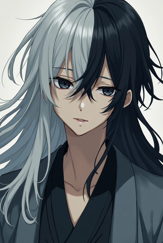 1boy, White and Black hair, long hair, black eyes, grey haori, calm, tired, tall, grey clothes, face shot, face, sharp eyes, black eyes, missing left eye, left eye covered, missing left eye, demon slayer uniform,