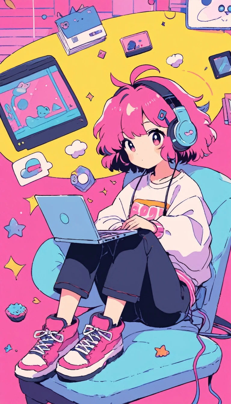 anime image of a girl with headphones on sitting in front of a laptop, 8 0 s anime vibe, lofi artstyle, lofi girl, in the art style of 8 0 s anime, lofi art, lofi vibe, 8 0 s anime style, 8 0 s anime art style, lofi hip hop, lofi vibes, today's featured anime still