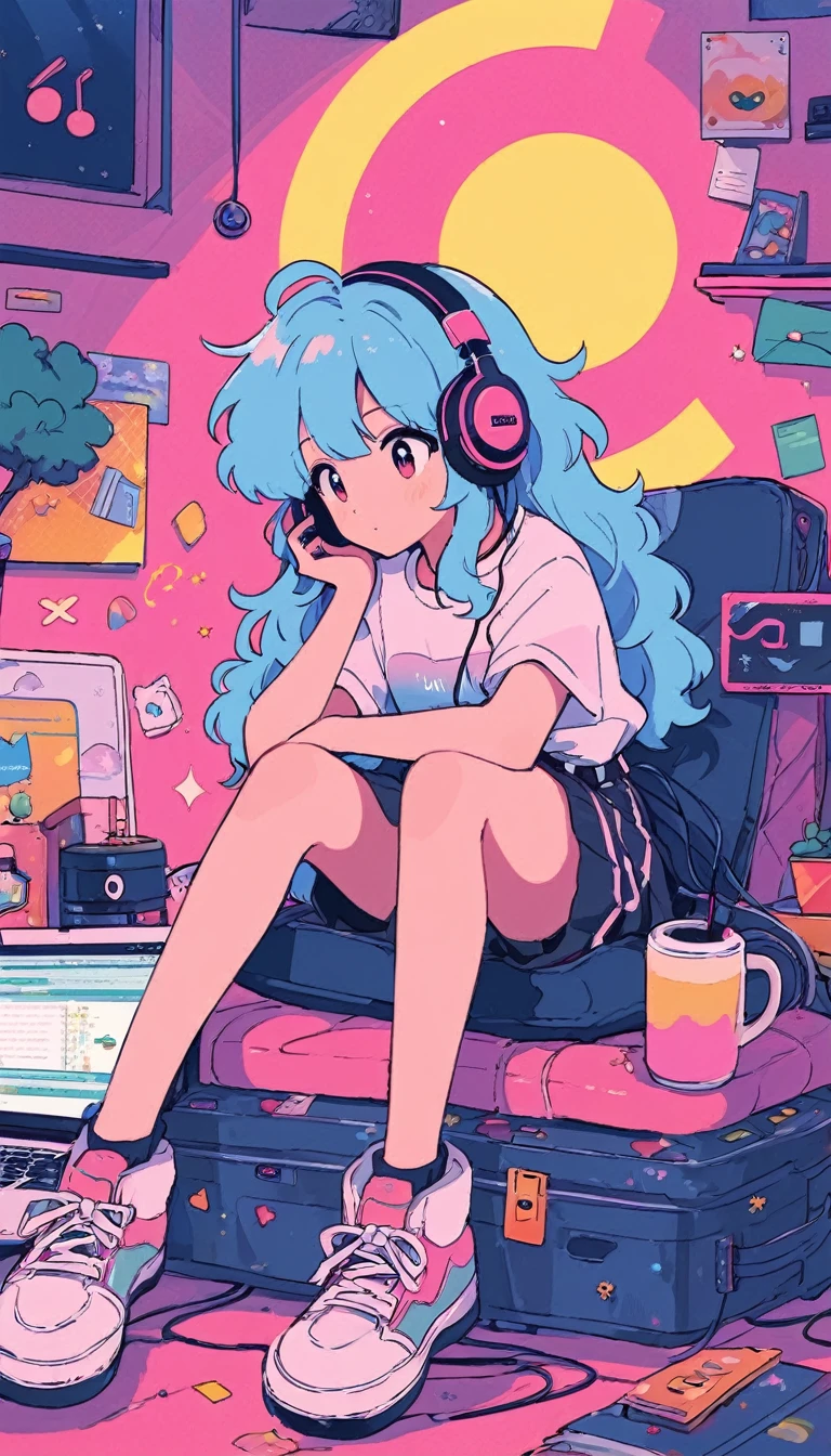 anime image of a girl with headphones on sitting in front of a laptop, 8 0 s anime vibe, lofi artstyle, lofi girl, in the art style of 8 0 s anime, lofi art, lofi vibe, 8 0 s anime style, 8 0 s anime art style, lofi hip hop, lofi vibes, today's featured anime still