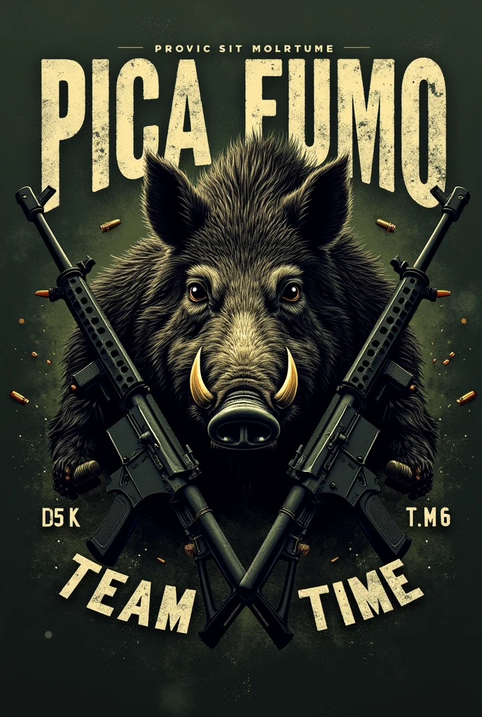 LONG SLEEVE MILITARY T-SHIRT IN BLACK WITH MOSS GREEN SLEEVES AND THE IMAGE OF A BOAR AND AMERICAN 556 RIFLES  , Written "PICA FUMO TEAM "  SHOT HOLES ADD AMMUNITION
